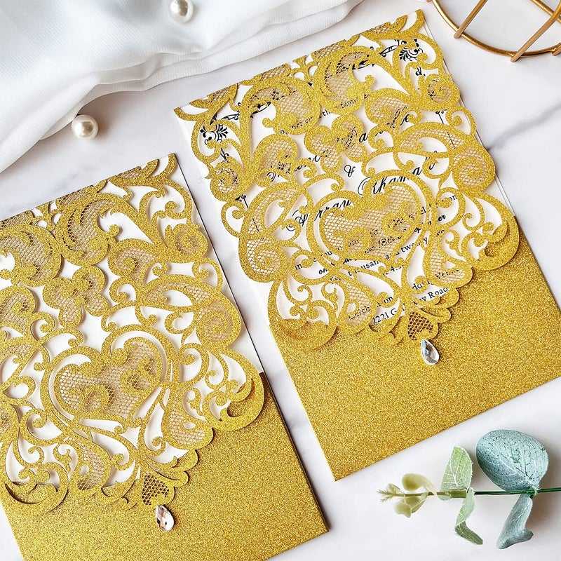 Hosmsua 50PCS Blank Wedding Invitation Cards 5 x 7.3 Inch Gold Laser Cut Hollow Heart Floral Invitation with Rhinestone pockets invitations for Engagement Quinceanera Invite (Gold Glitter) - Image 4